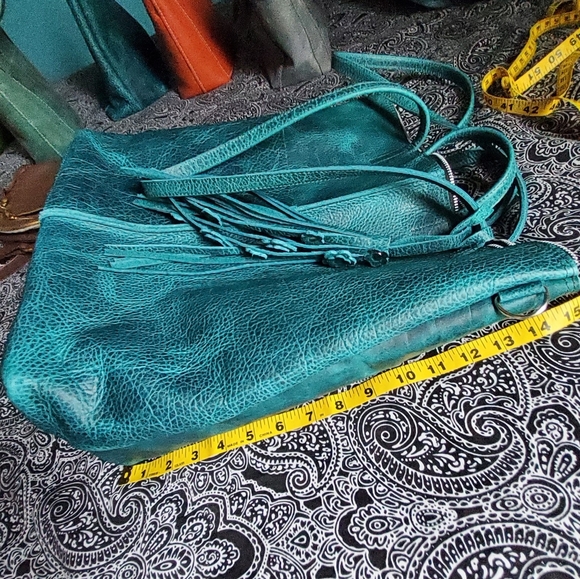 Turquoise bison leather zip tote bag with laptop pocket/cup holder - Picture 12 of 15